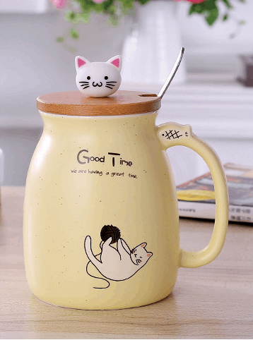 Cartoon Cat Mug with Lid and Spoon - 450ml Novelty Gift