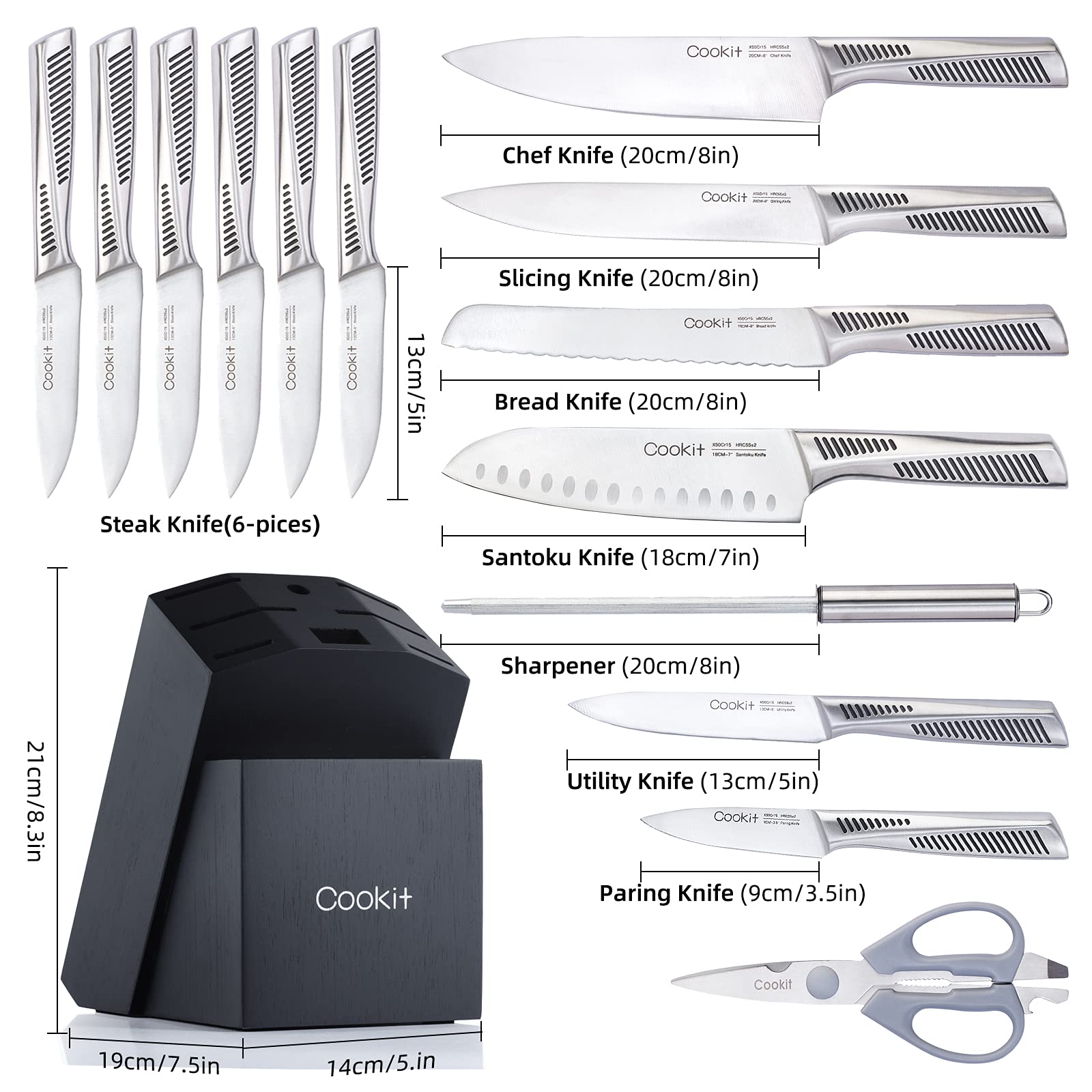Premium 15-Piece Kitchen Knife Set, complete with a sleek storage block and essential accessories. Elevate your culinary experience with this top-rated kitchen knife collection